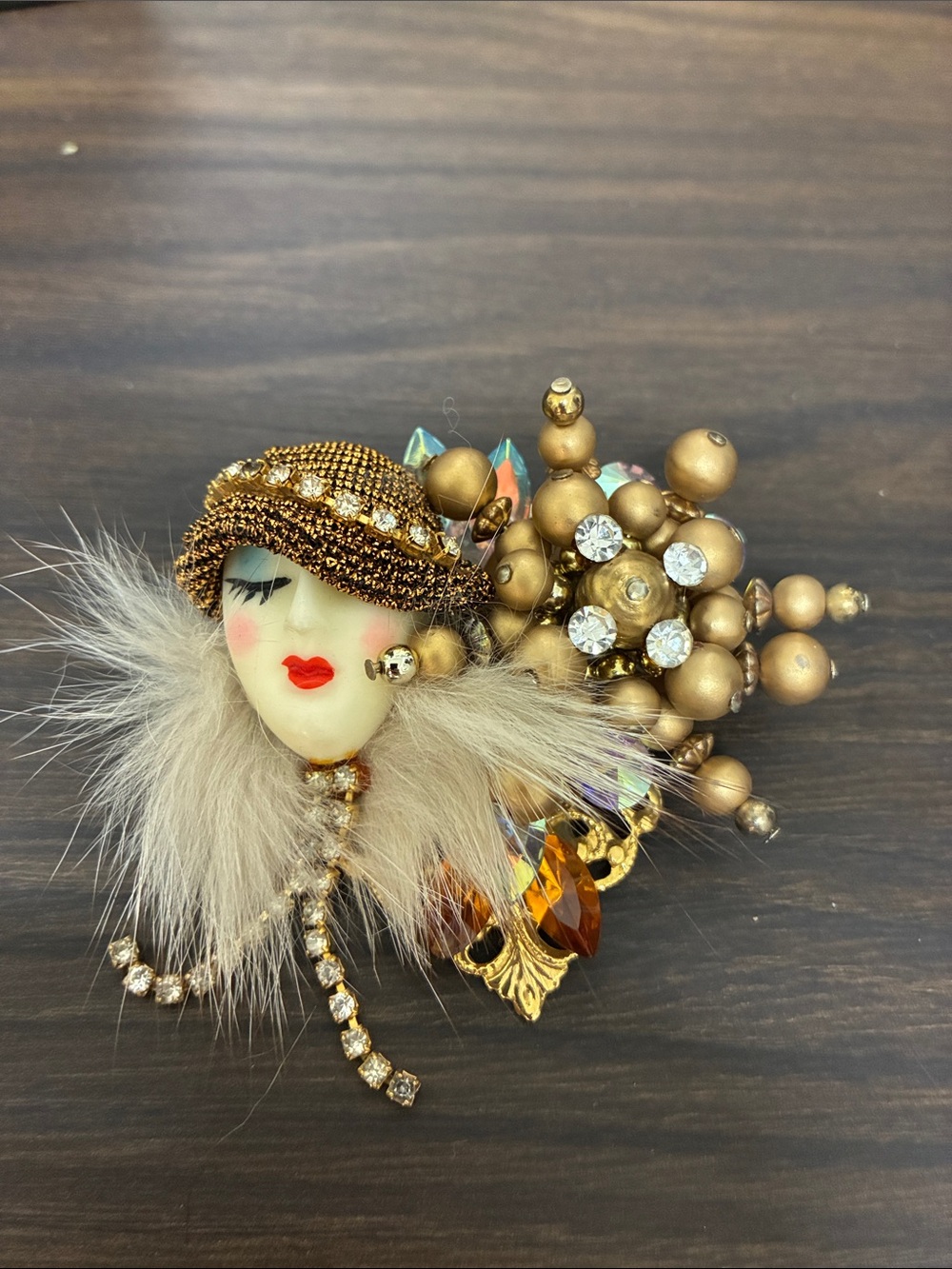 Vintage 1980s Gold-Tone Art Deco Flapper Brooch Faux Fur and Crystal Accents
